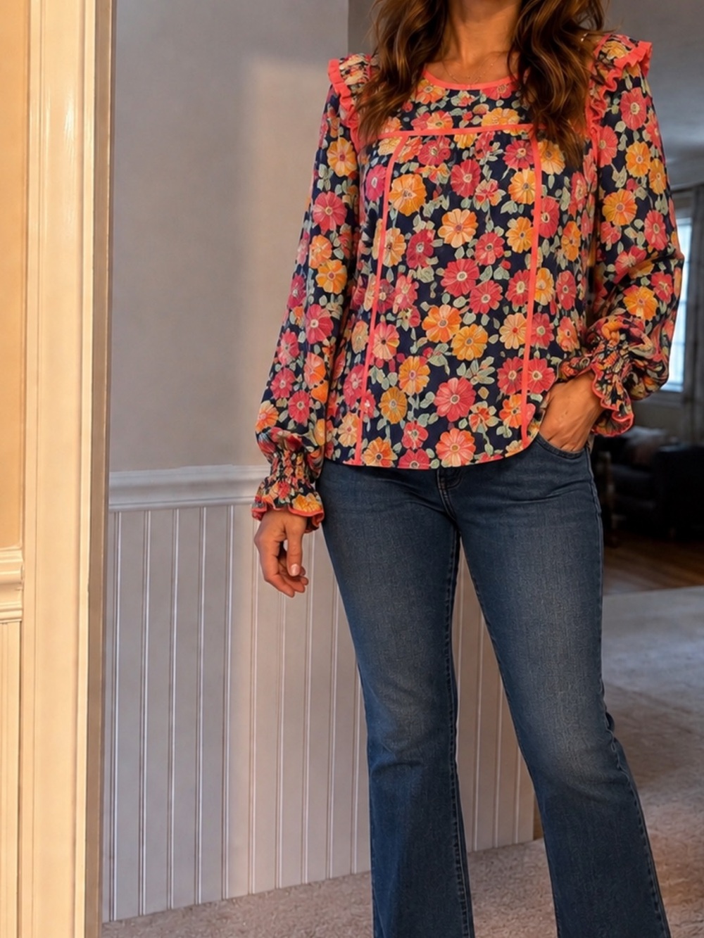 Floral Ruffle-Yoke Long Sleeve Blouse in Navy and Pink